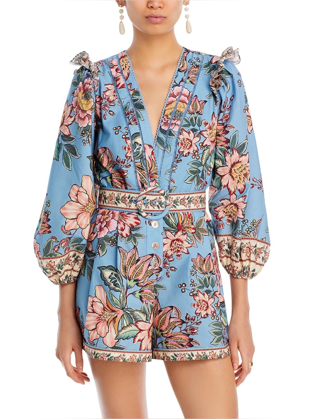 FARM Rio Wonderful Bouquet Floral Print Belted Cotton Romper, NWT 🇧🇷